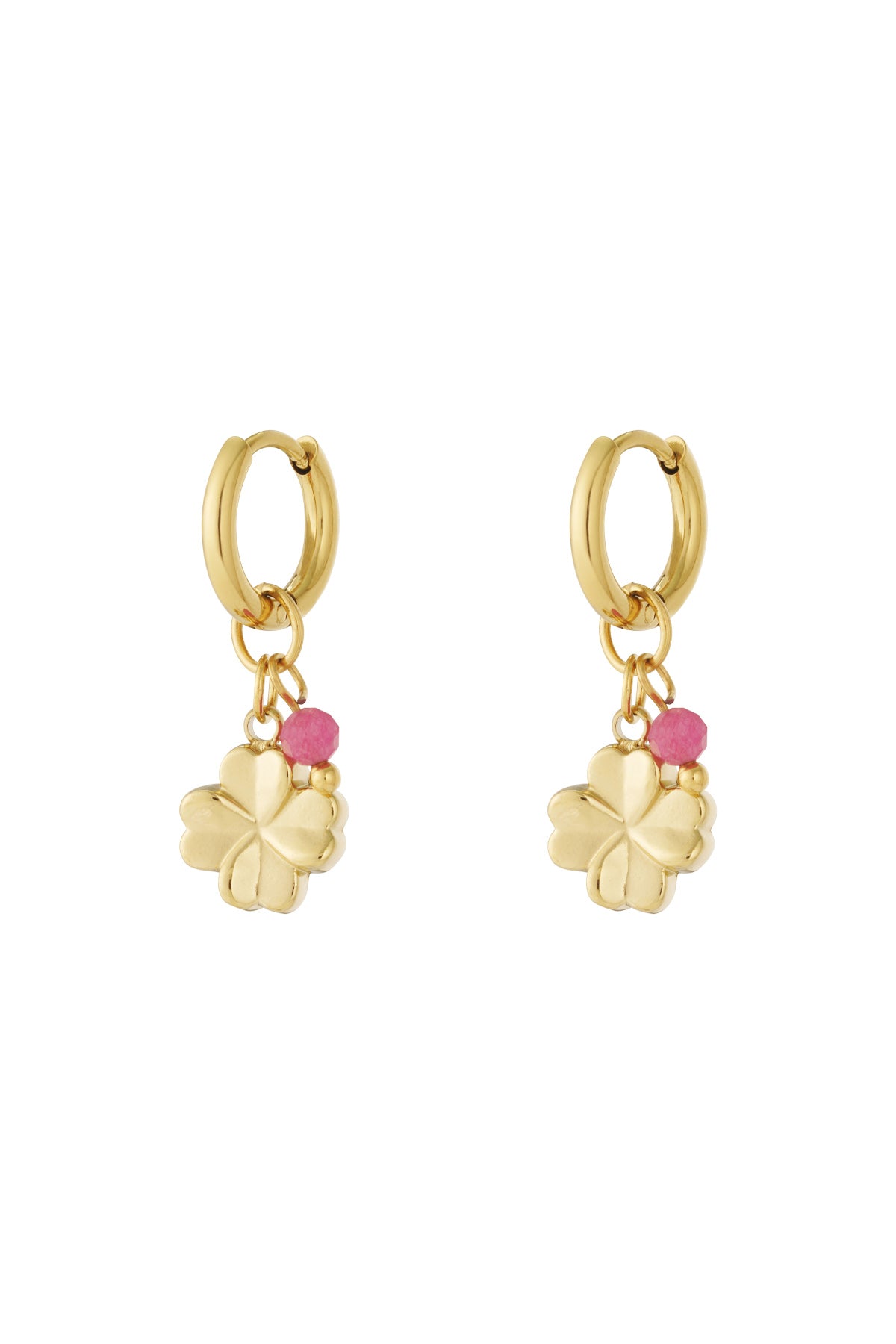Gold hoop earrings with four-leaf clover charms and pink faceted bead accents shown on white background