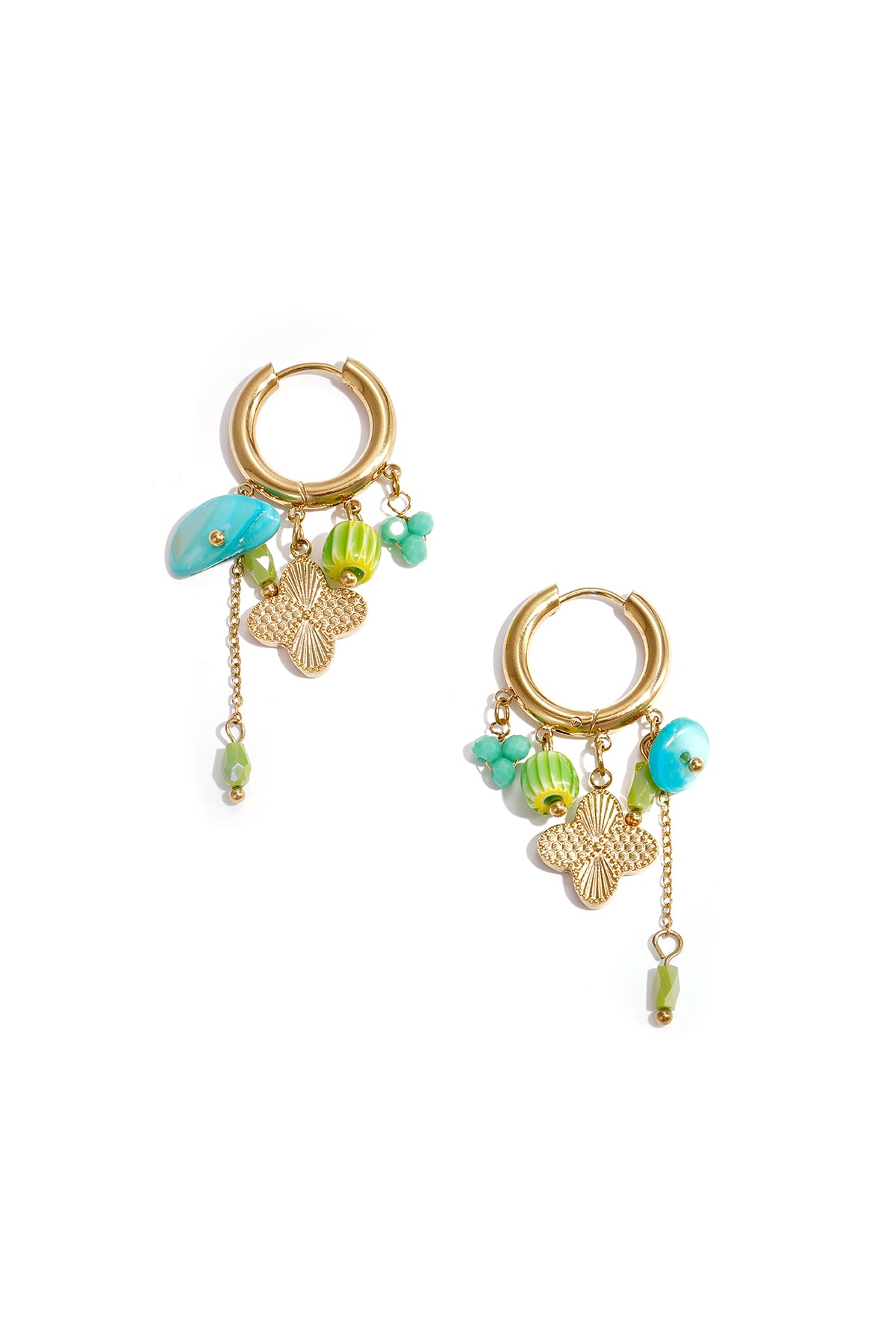 Gold hoop earrings featuring turquoise, green beads, and butterfly charms with chain detail on white background