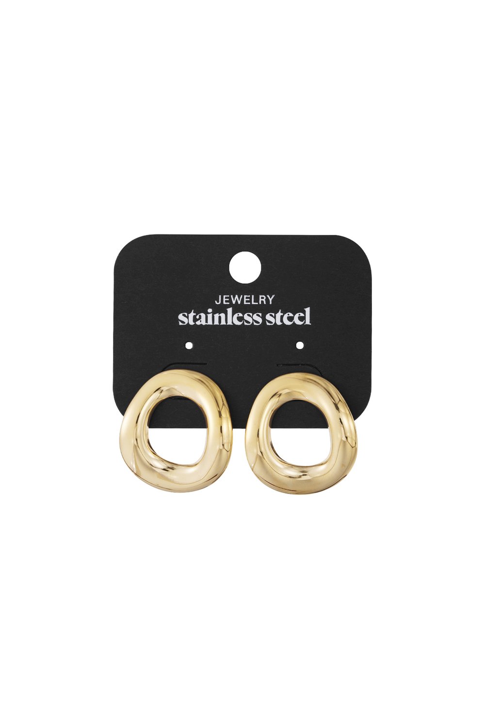 Gold-tone stainless steel Melty Melt hoop earrings with an irregular, organic, molten shape on a black jewelry card.