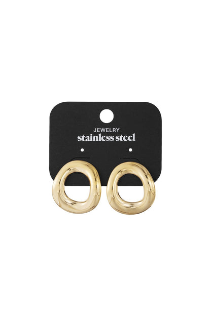 Gold-tone stainless steel Melty Melt hoop earrings with an irregular, organic, molten shape on a black jewelry card.