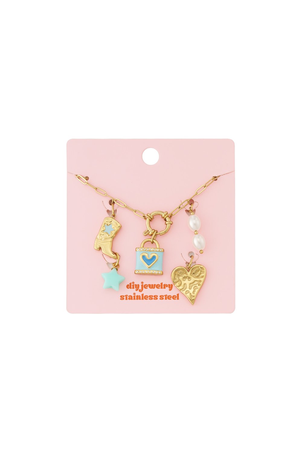 Gold-tone chain charm bracelet with boot, blue padlock, pearl, and heart charms on a pink display card.