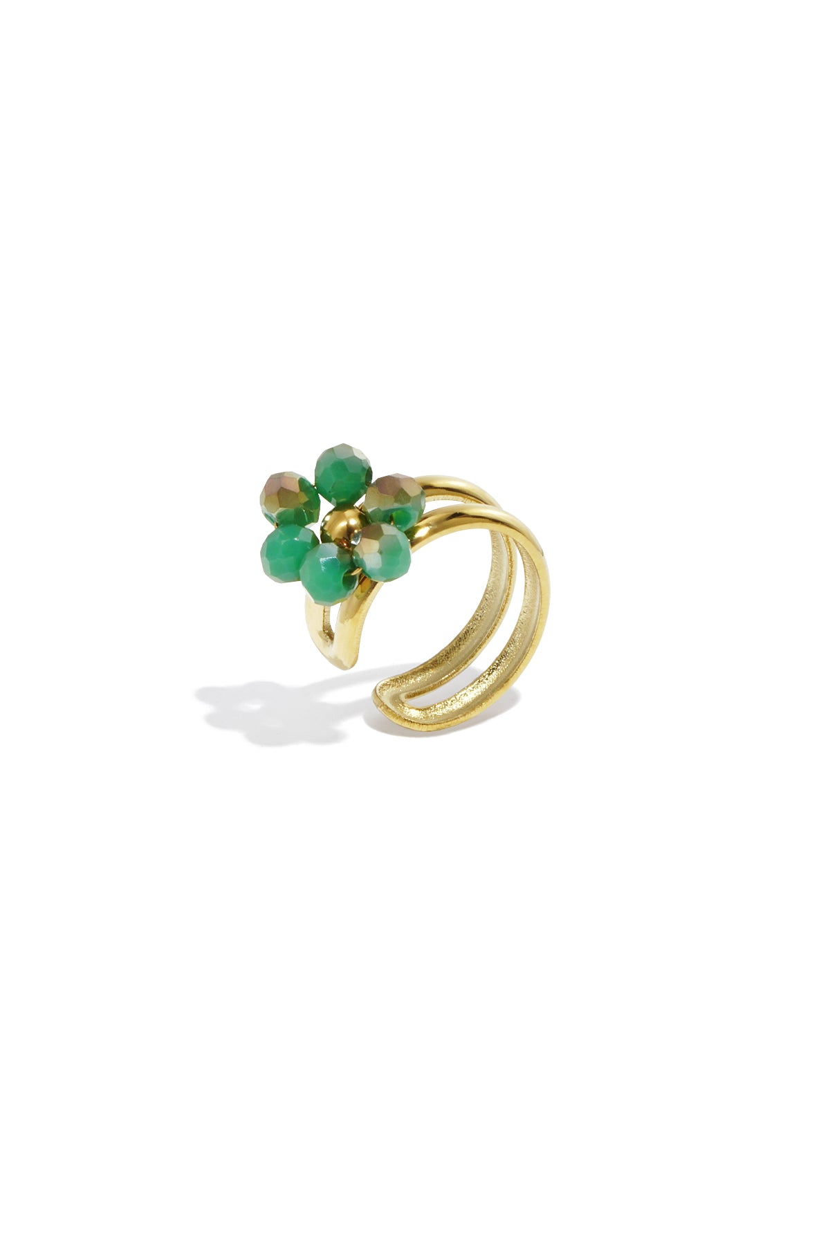 Gold-tone floral ear cuff featuring green faceted beads on a white background