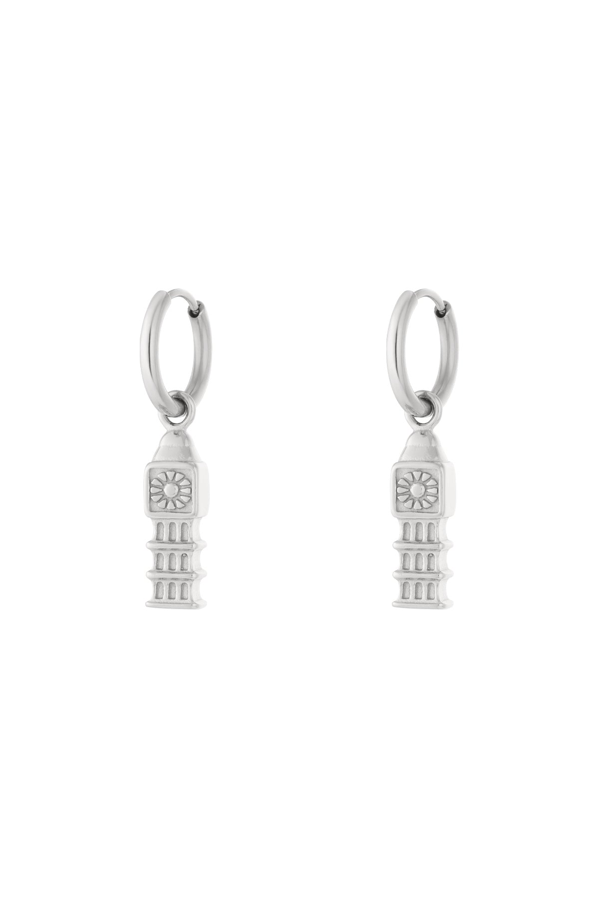 Pair of silver drop hoop earrings with detailed iconic tower charms hanging