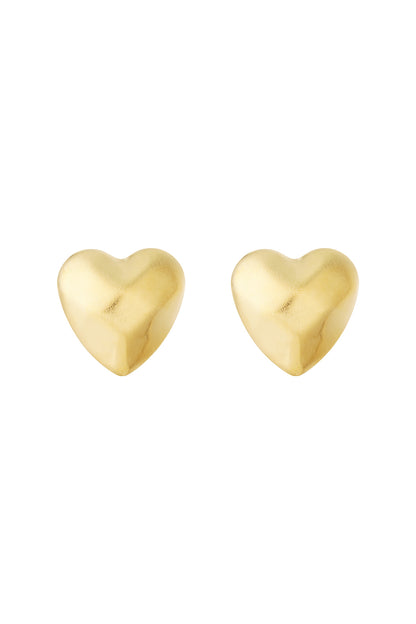 Pair of matte gold heart-shaped stud earrings on white background