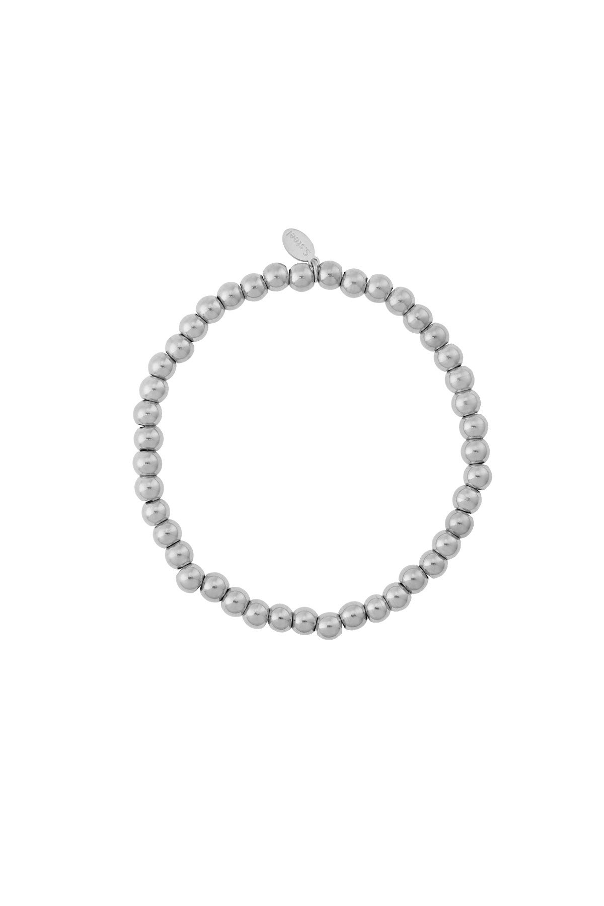Silver beaded stretch bracelet with polished round beads on a white background