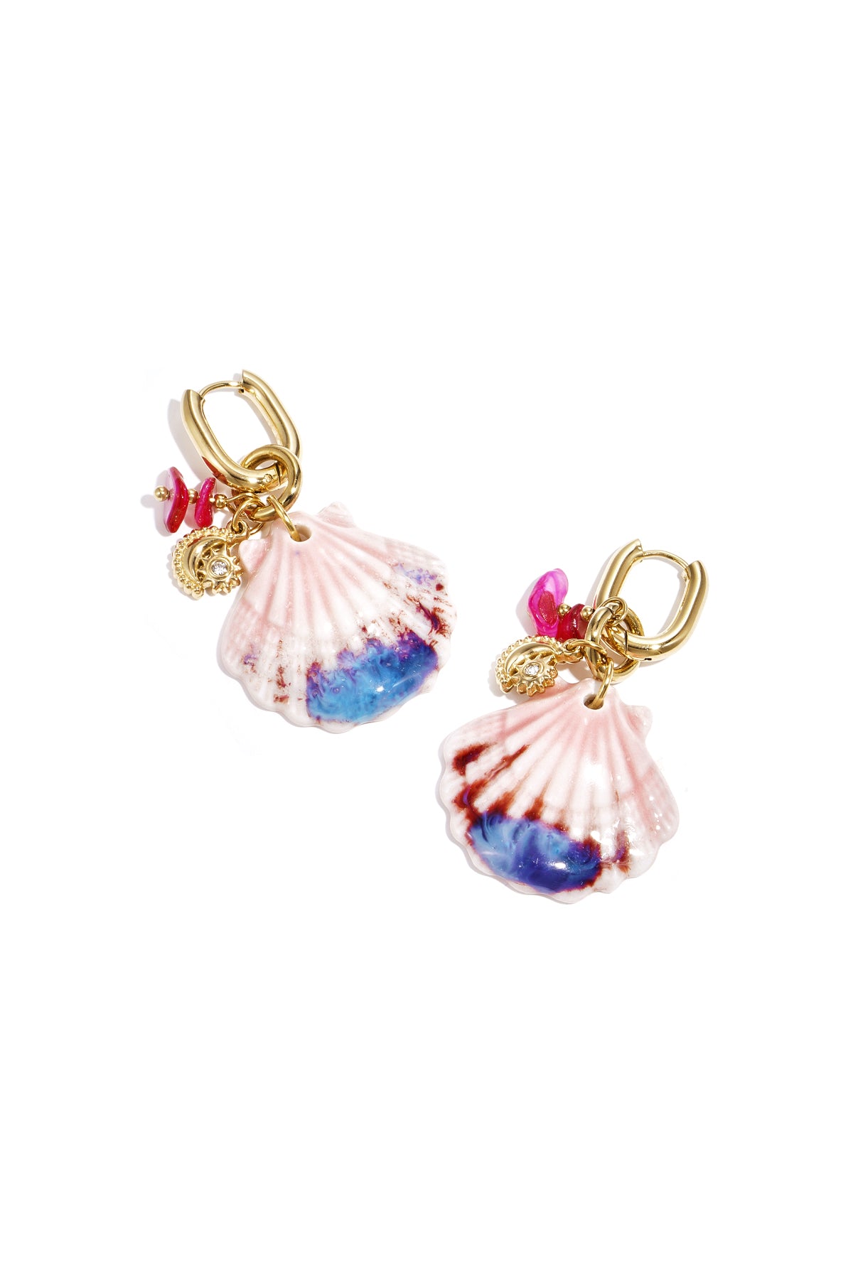 Pair of gold hoop drop earrings with pink and blue hand-painted seashell charms and small gold and pink bead accents on white background