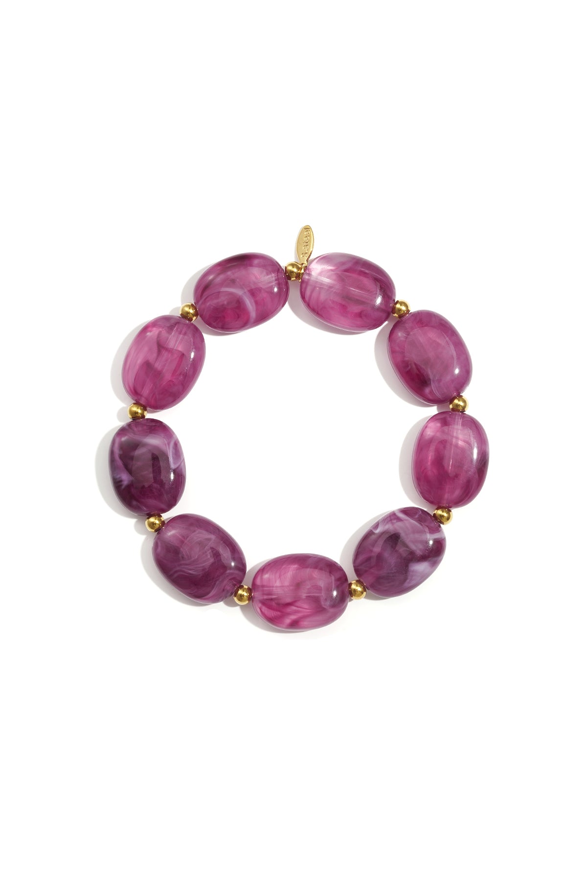 Close-up of a ruby red swirled acrylic beaded bracelet with gold spacers on white background