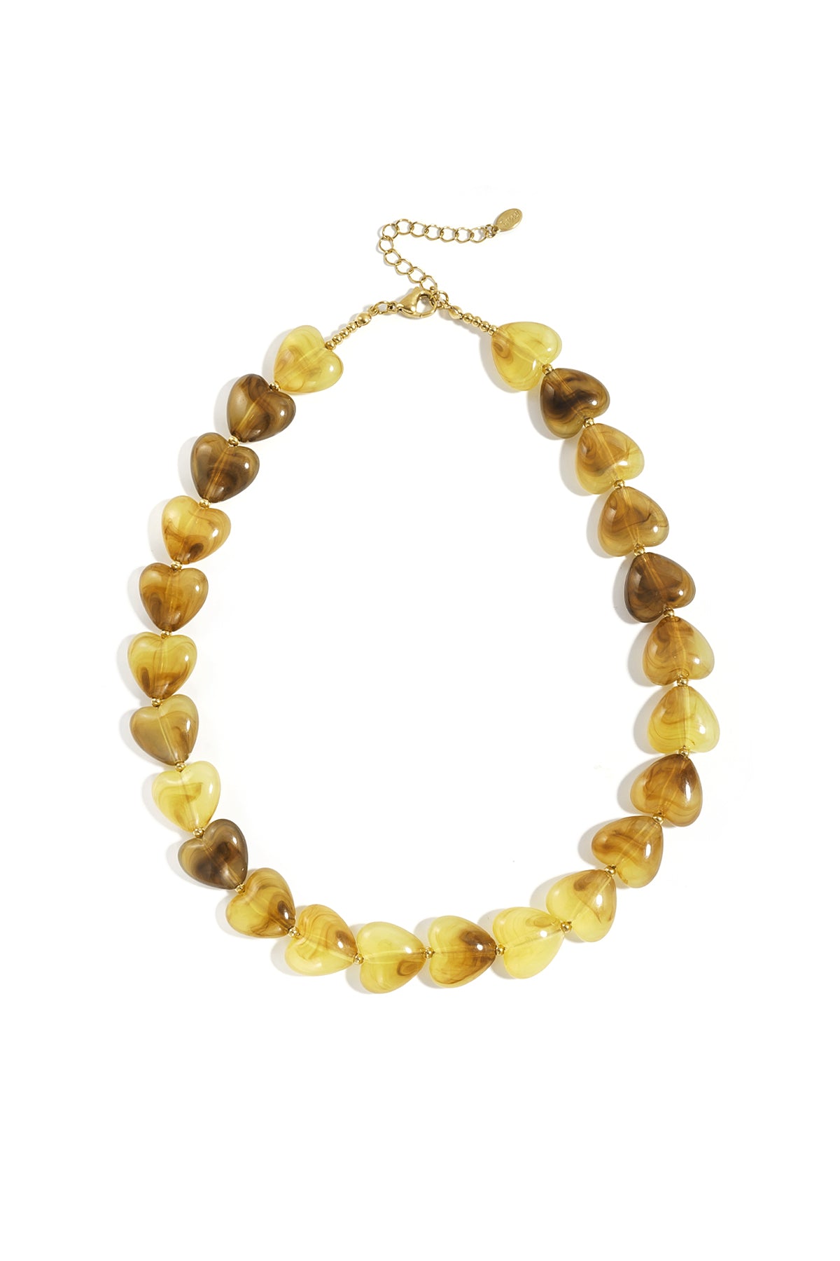 Honey-toned heart-shaped acrylic bead necklace displayed on white background