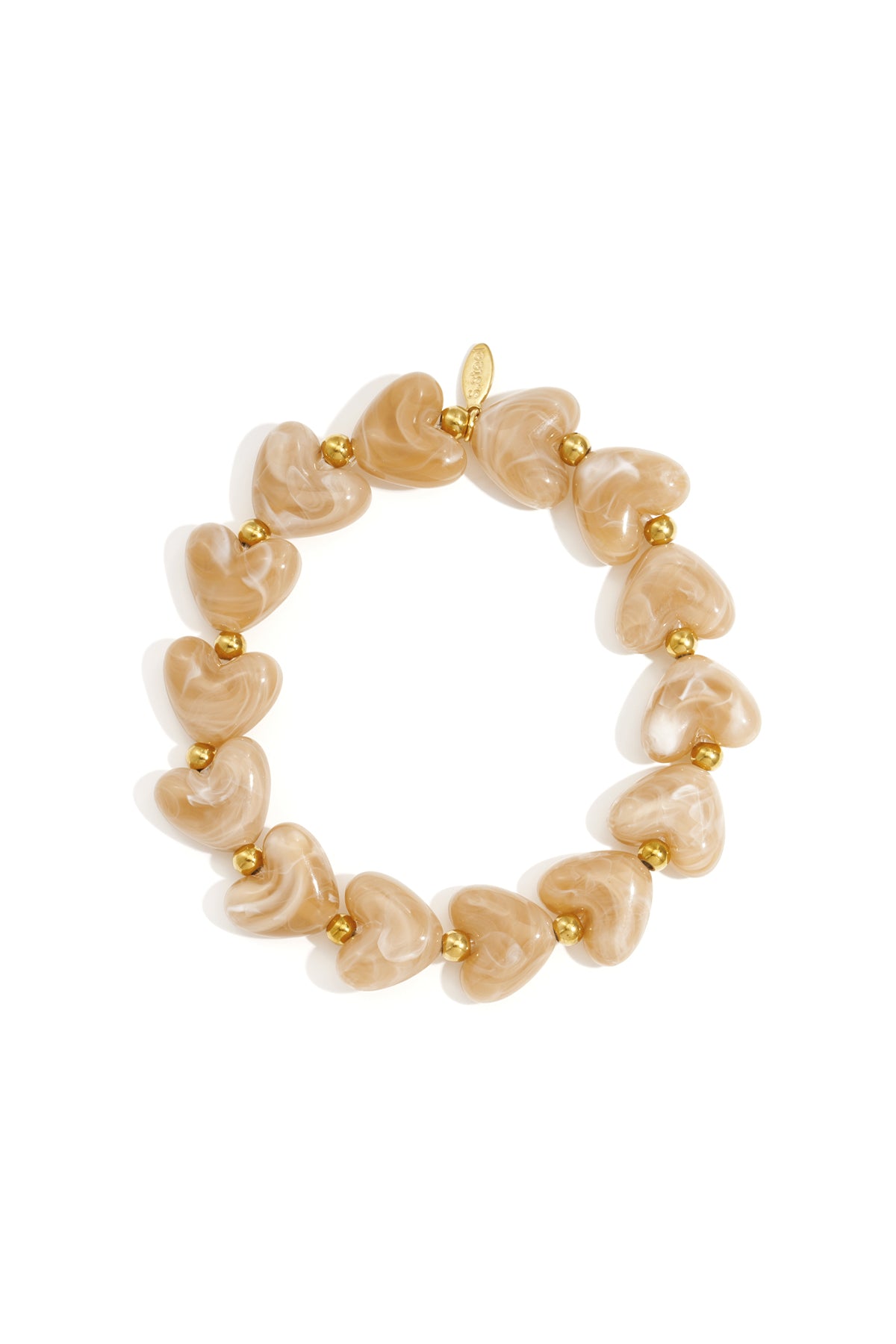 Creamy pearl white marbled heart beaded stretch bracelet with gold accent beads on white background