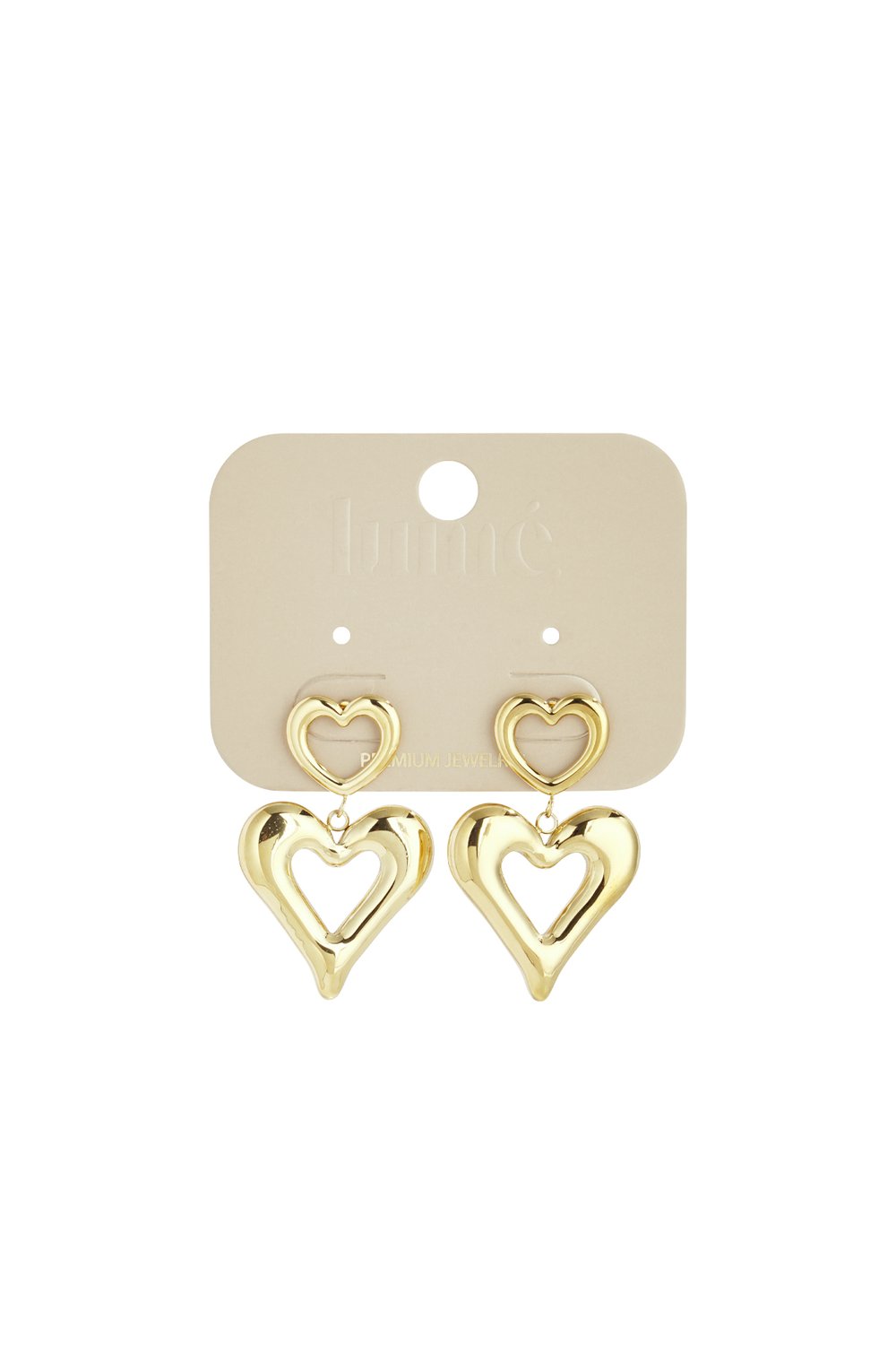 Gold-tone Double Heart Drop earrings featuring polished, cutout heart pendants on a display card.
