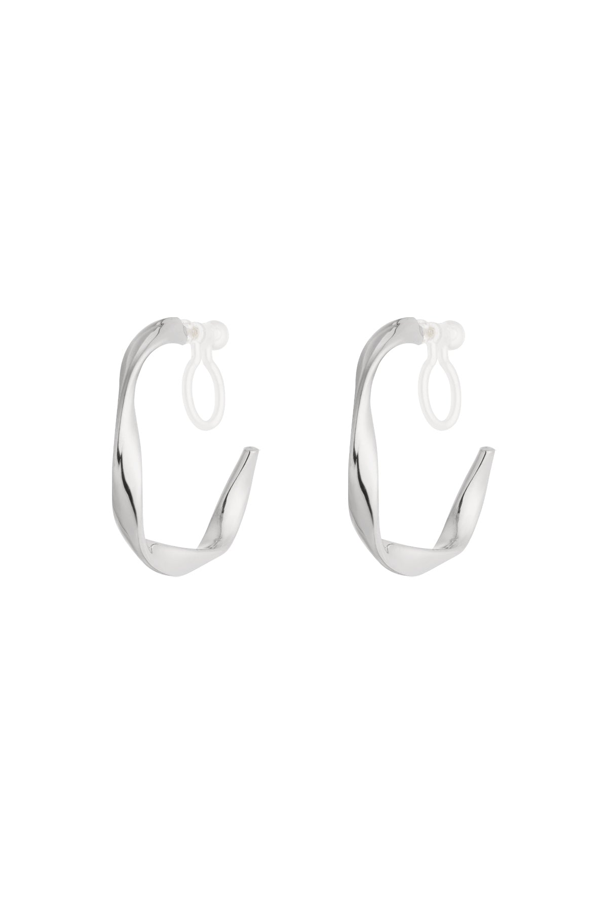 Pair of silver twisted hoop clip earrings with clear silicone backings