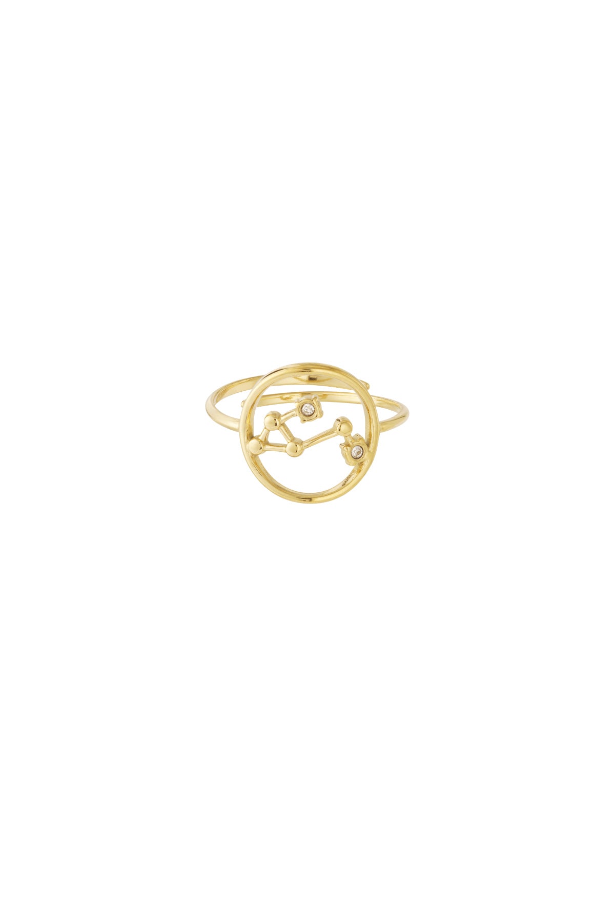 Elegant constellation design on thin gold-plated ring band against white background