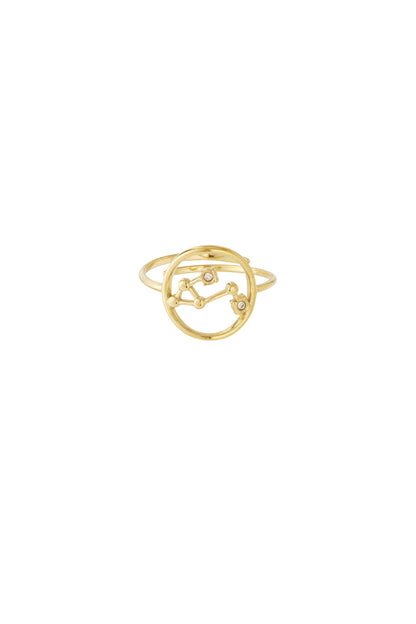 Elegant constellation design on thin gold-plated ring band against white background