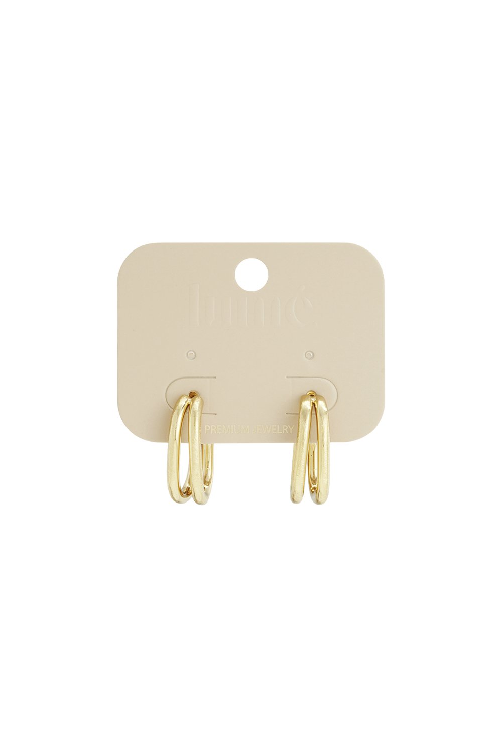Main Character Energy gold-toned double-layered oval hoop earrings on a branded display card.