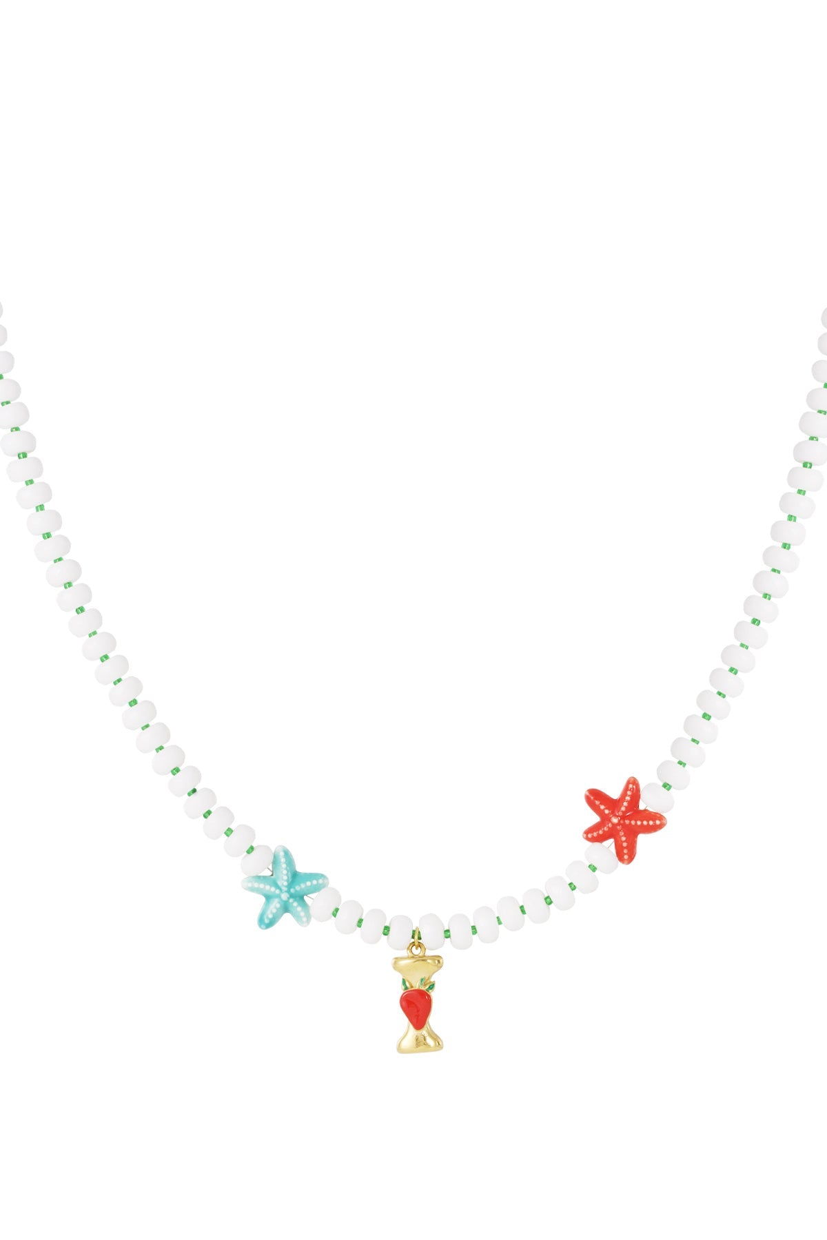 White beaded necklace with blue and red starfish charms and a central gold-tone candy charm.