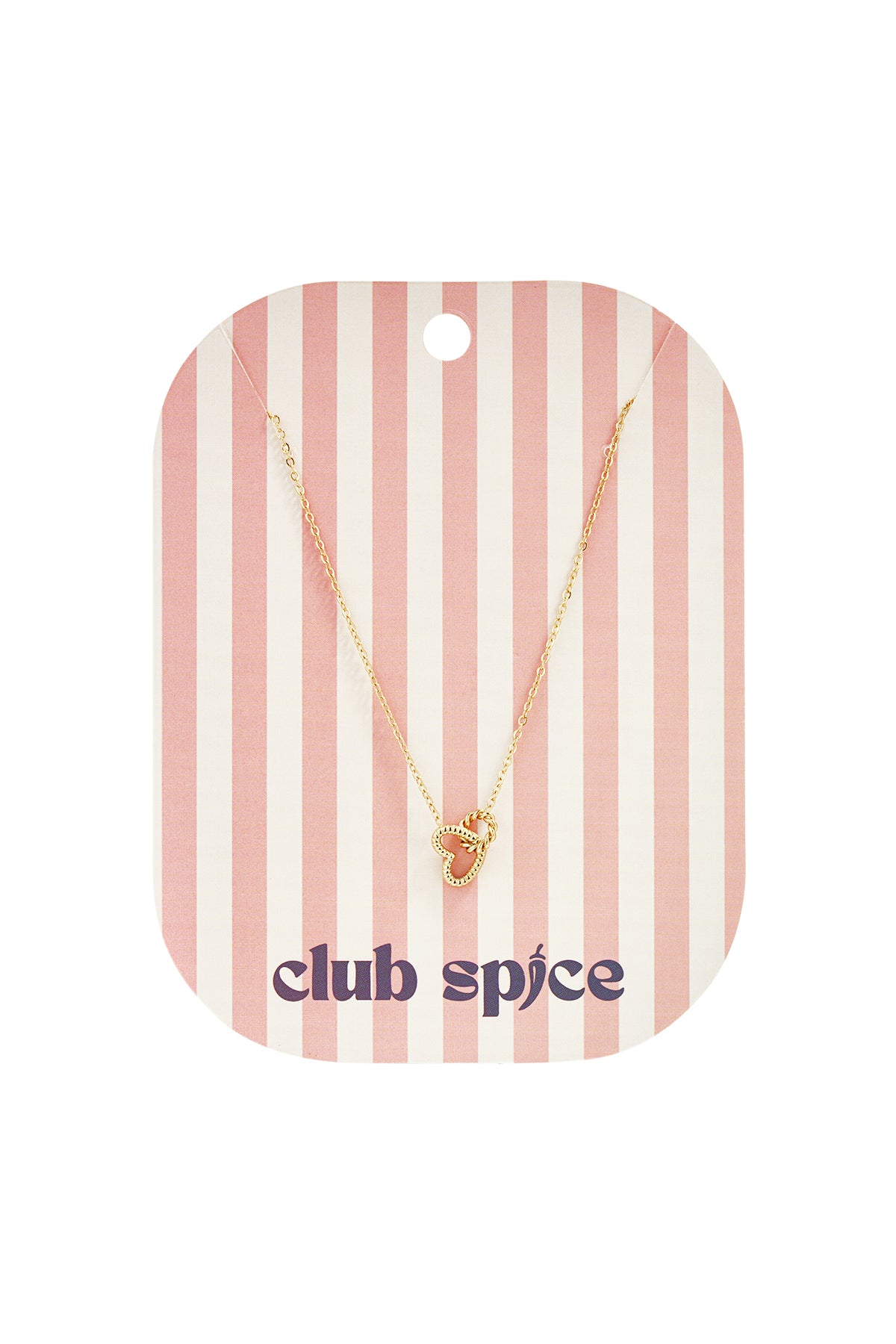 Gold-toned chain necklace featuring an openwork heart-shaped drop pendant, displayed on a striped pink card.