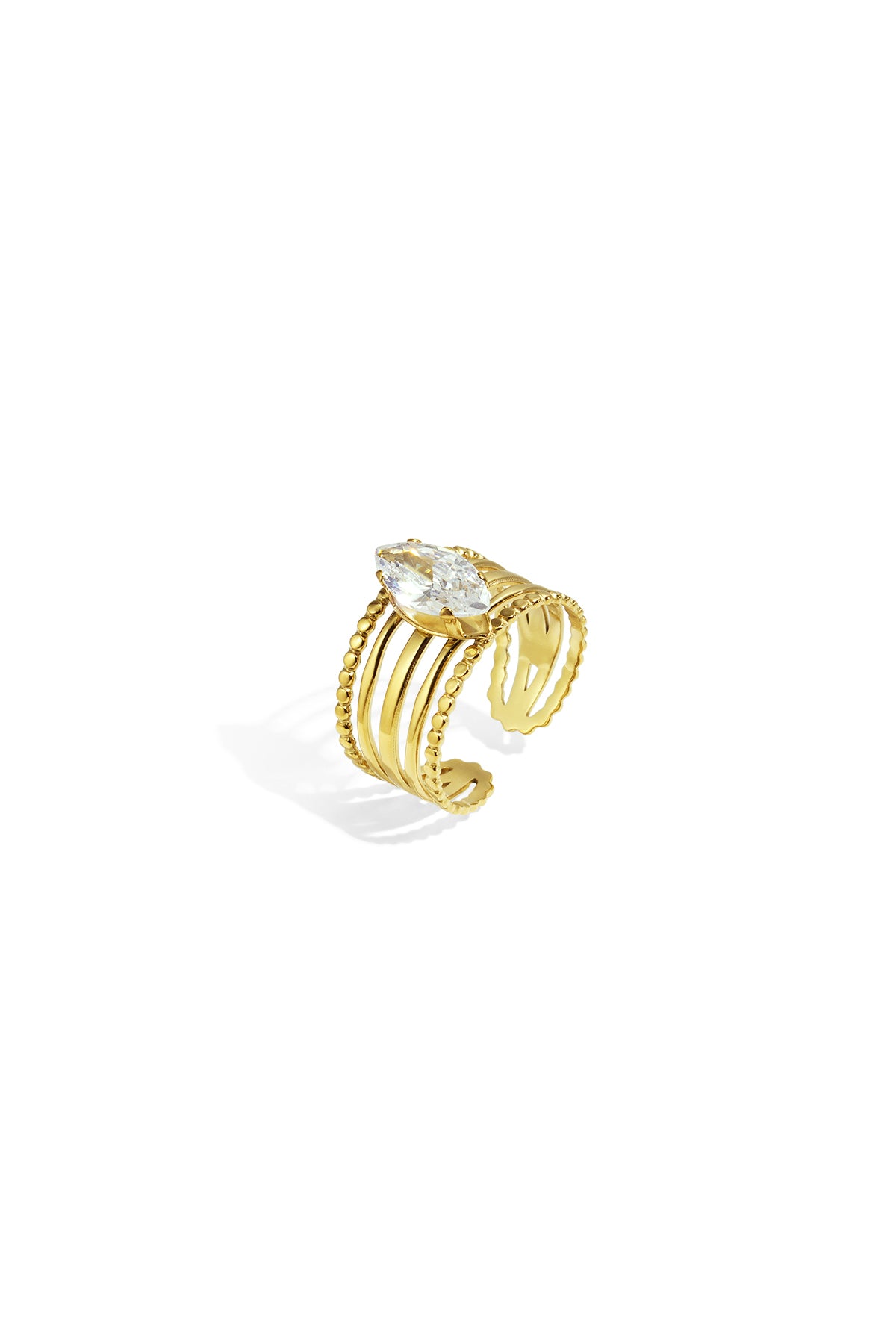 Adjustable gold ring with multi-row band and marquise-cut clear gemstone viewed on white background