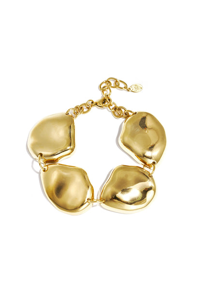 Chunky gold-tone metal bracelet with four large irregular links connected by small rings on white background