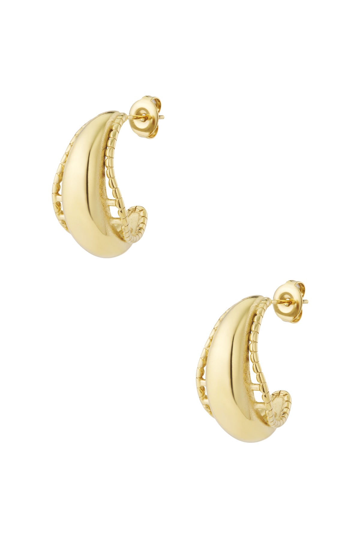 Pair of shiny gold dome hoop earrings with chain-like textured edge isolated on white background