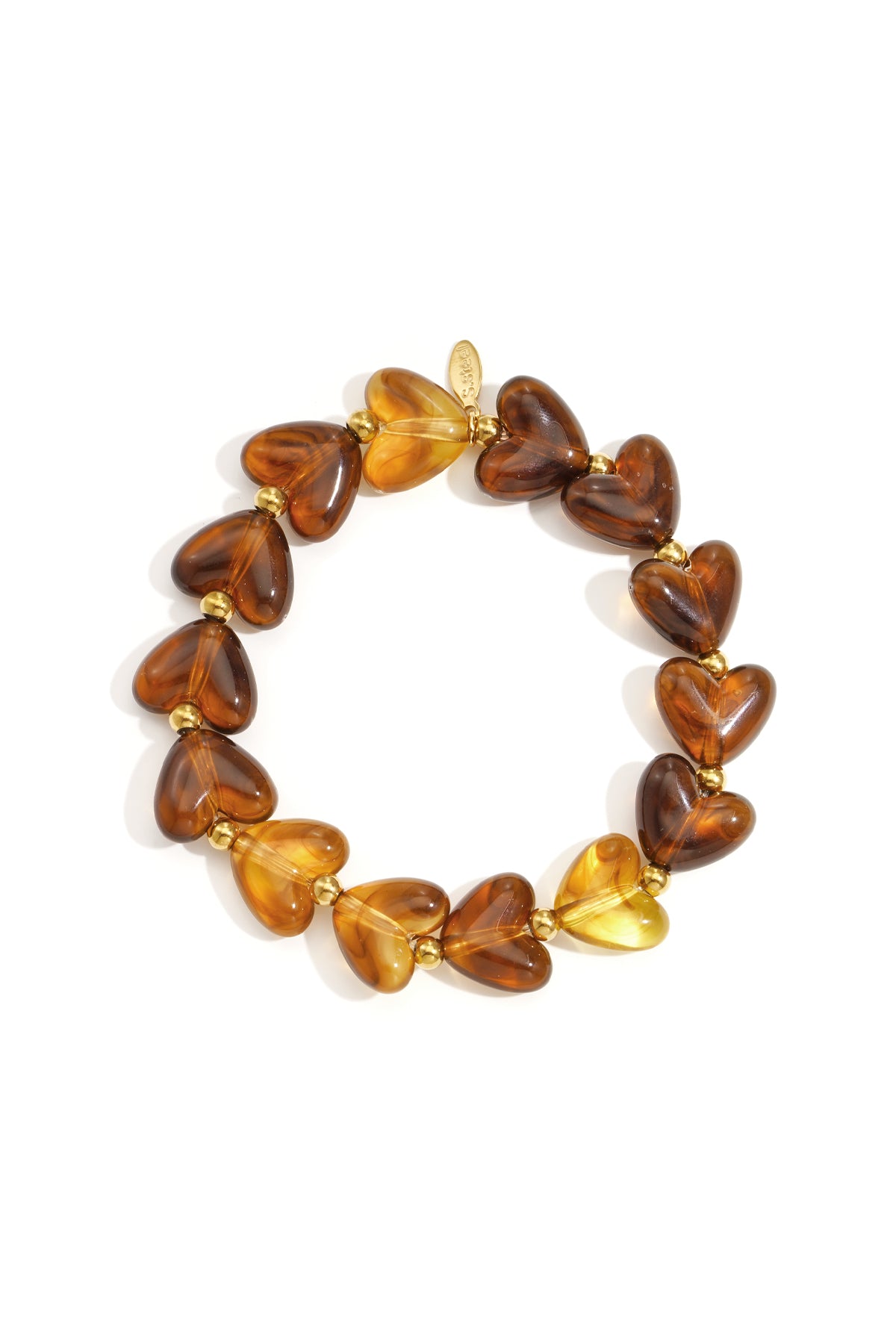 Deep berry marbled heart beaded stretch bracelet with gold accent beads on white background