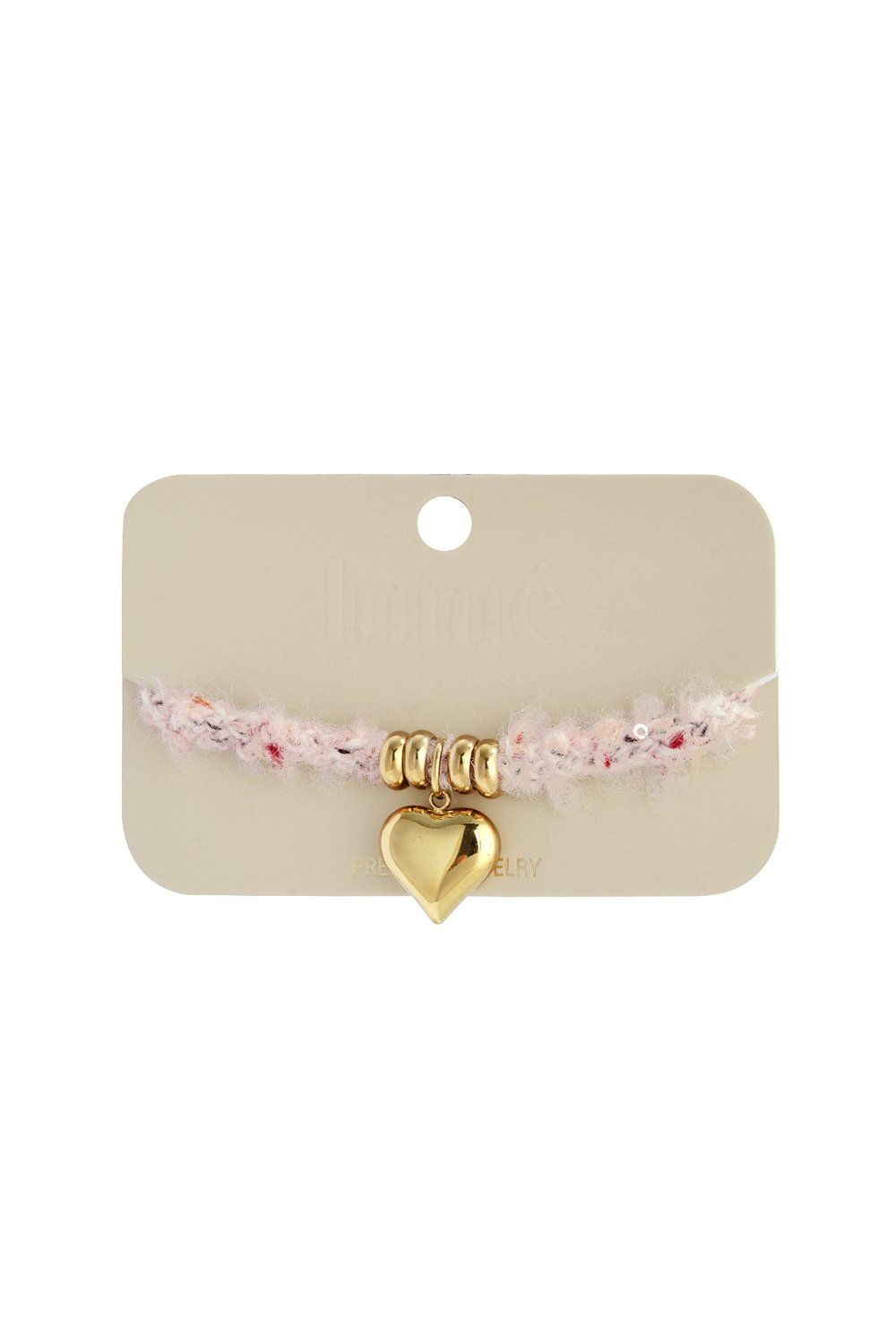 Soft Heart Charm Bracelet on card: fuzzy light pink yarn band with gold-tone beads and a polished gold heart charm.