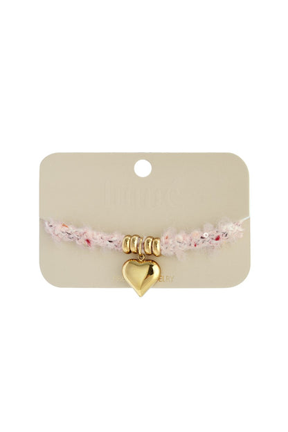Soft Heart Charm Bracelet on card: fuzzy light pink yarn band with gold-tone beads and a polished gold heart charm.