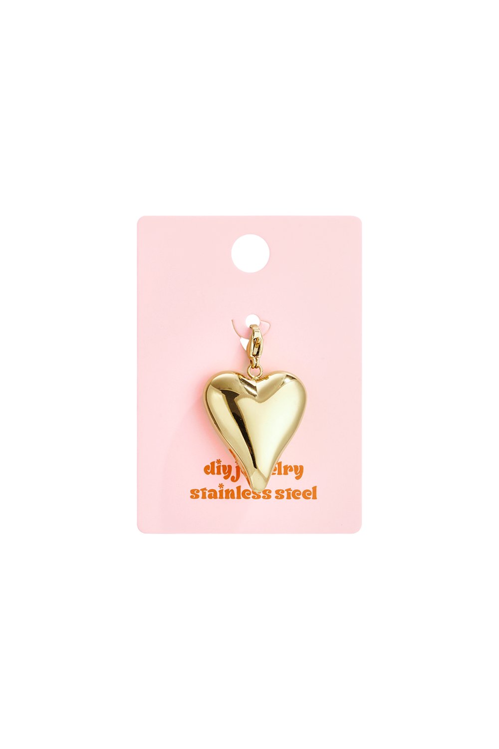 Glossy gold heart charm on a pink display card, crafted from stainless steel with a sleek, rounded statement design.