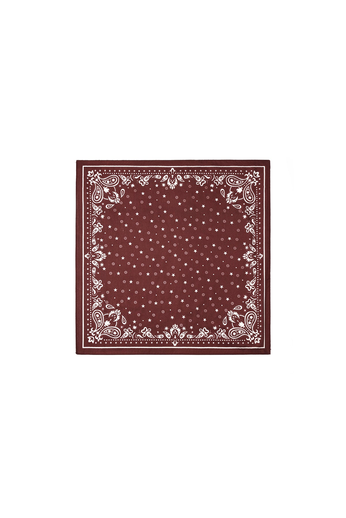 Square burgundy bandana scarf with white polka dot and paisley pattern laid flat
