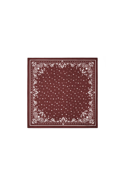 Square burgundy bandana scarf with white polka dot and paisley pattern laid flat