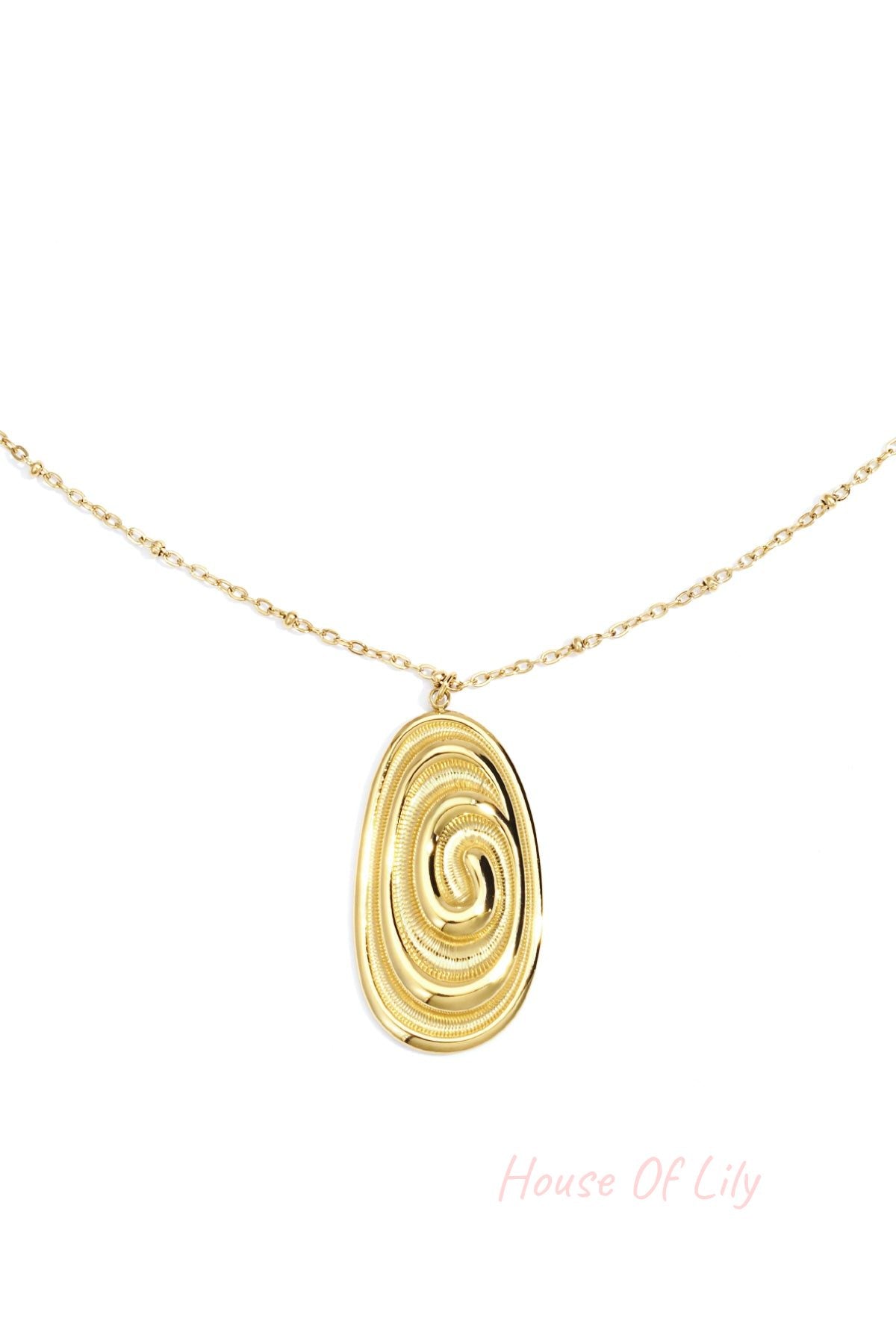 Gold Irregular Soul necklace featuring an oval pendant with an intricate, swirling textured design on a delicate chain.