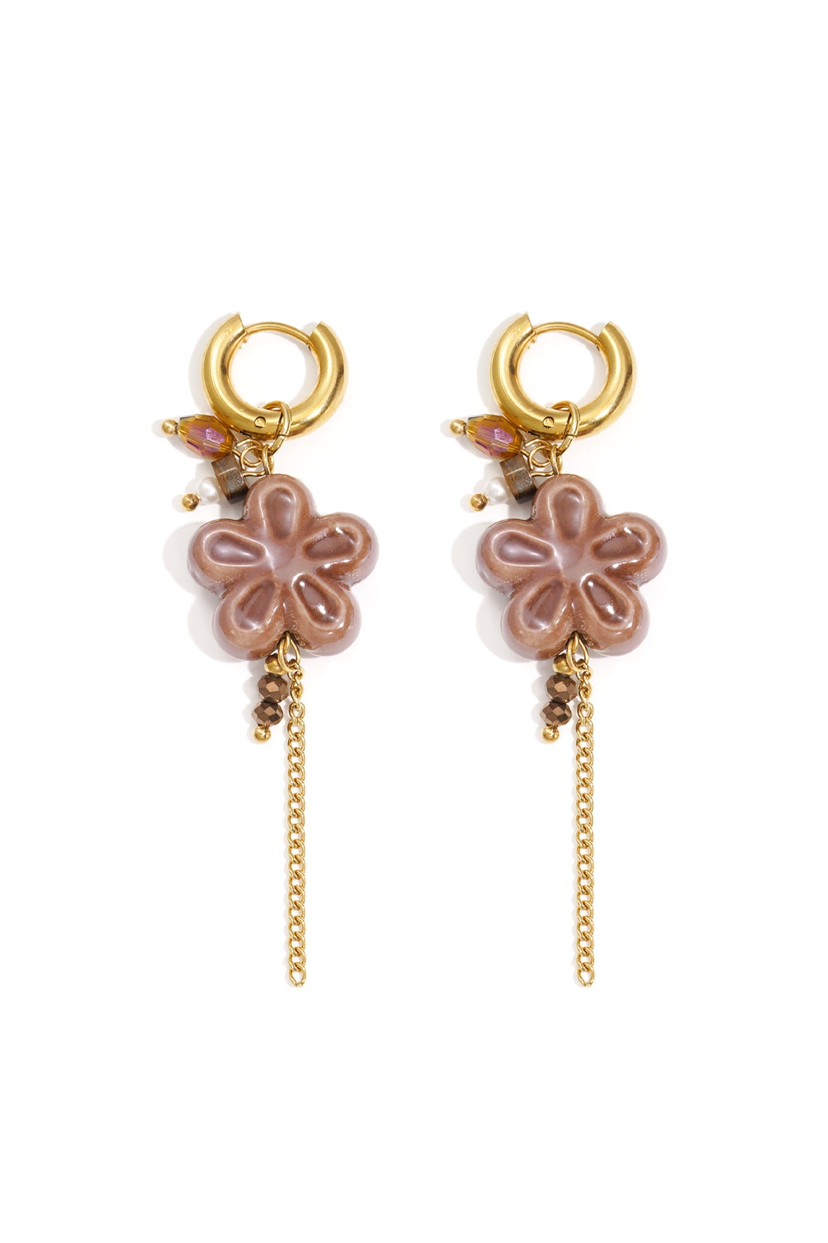 Pair of gold hoop drop earrings featuring brown resin flower pendants with small beads and dangling gold chain tassels, displayed on white background