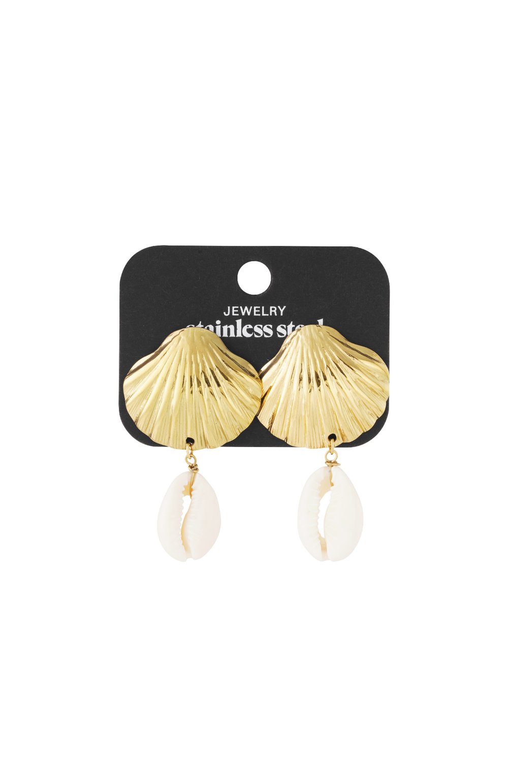 Gold scallop shell stud earrings with dangling white cowrie shell charms on a black display card.