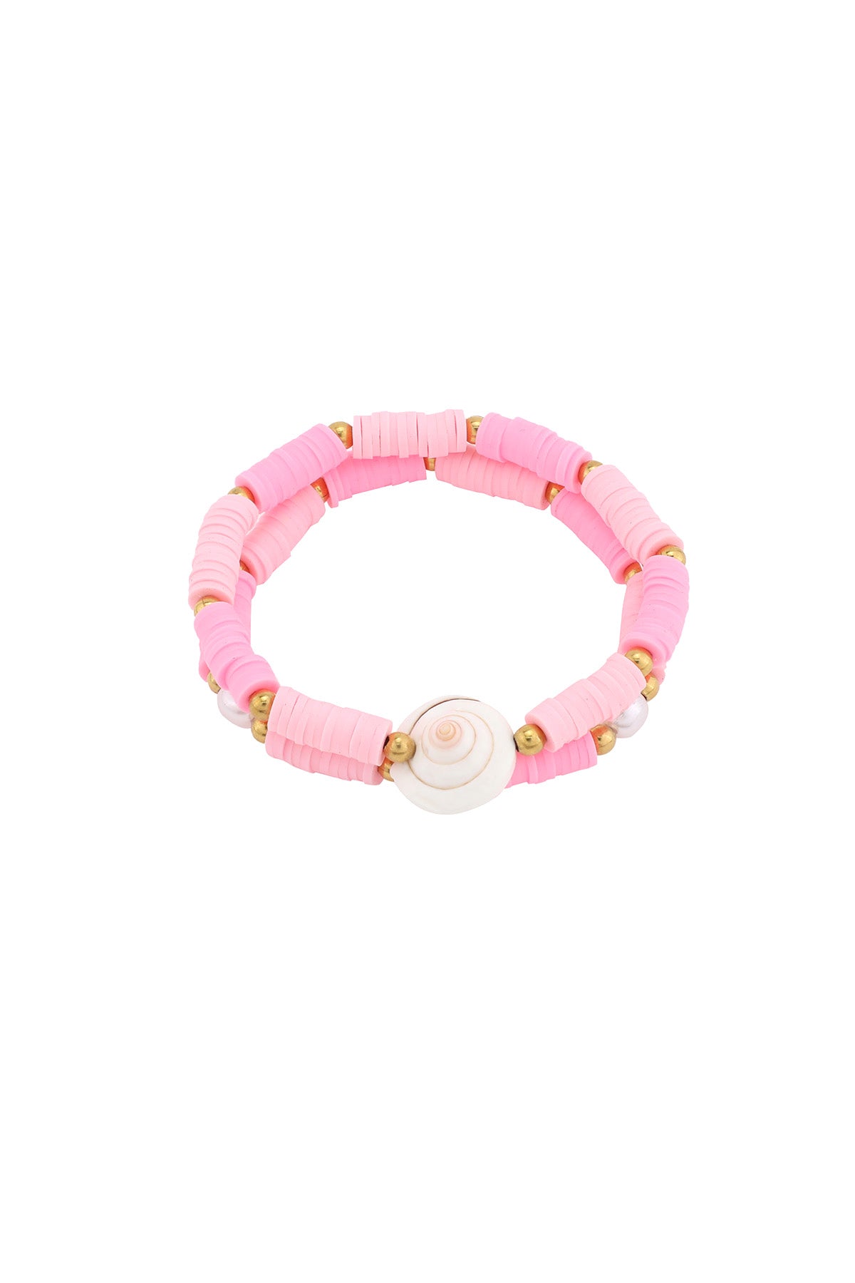 Pink shell charm beaded bracelet with gold-tone and polymer clay beads on white background