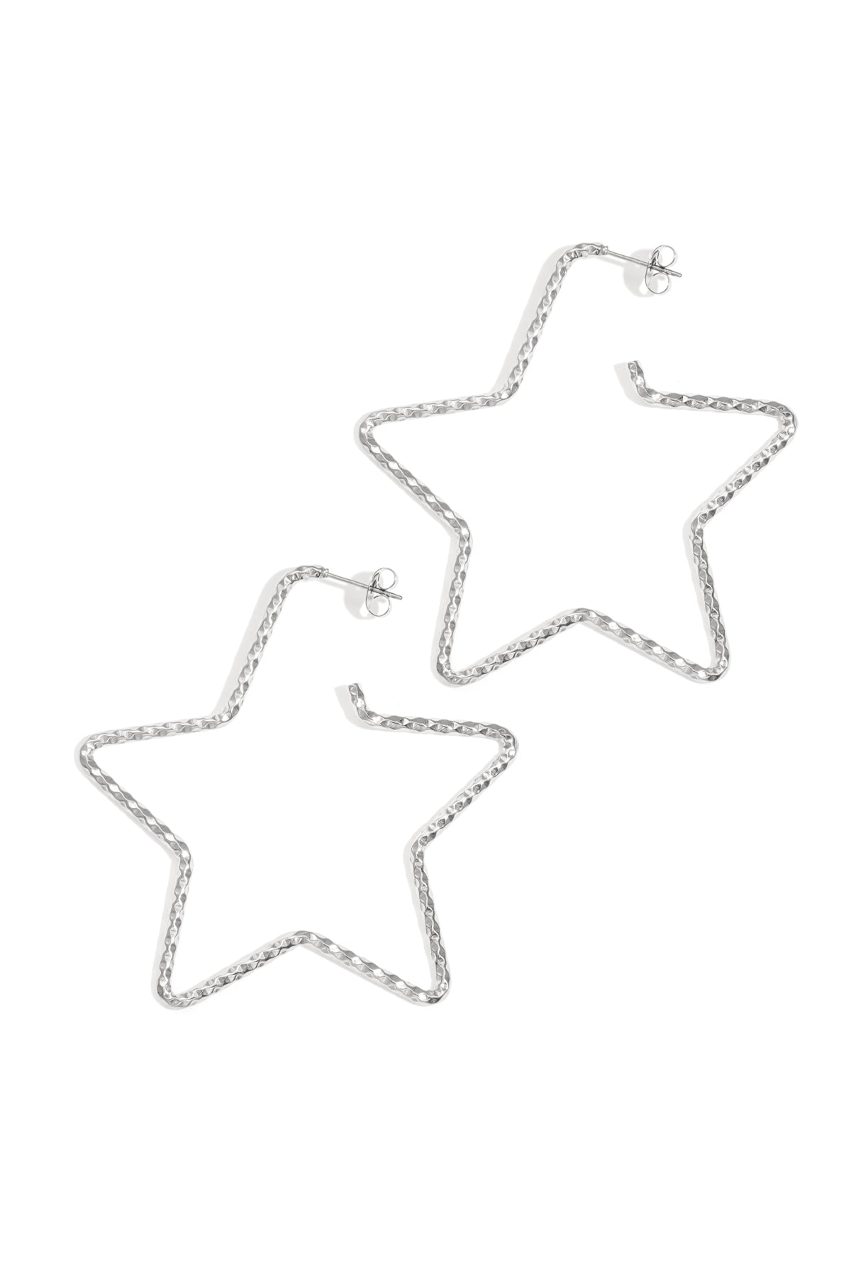 Pair of silver-tone textured star-shaped hoop earrings displayed on a white background