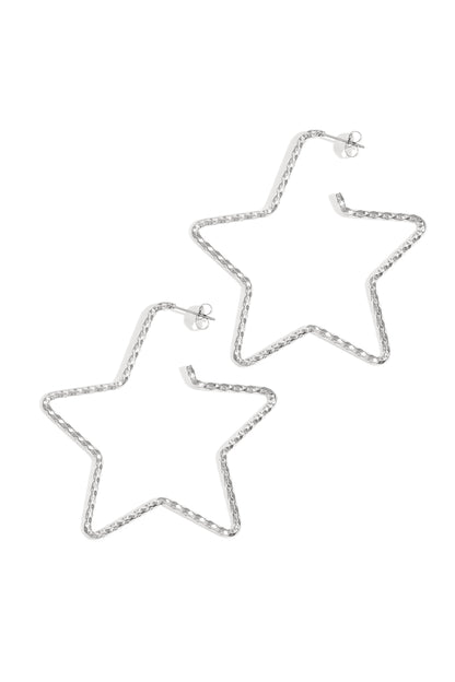 Pair of silver-tone textured star-shaped hoop earrings displayed on a white background