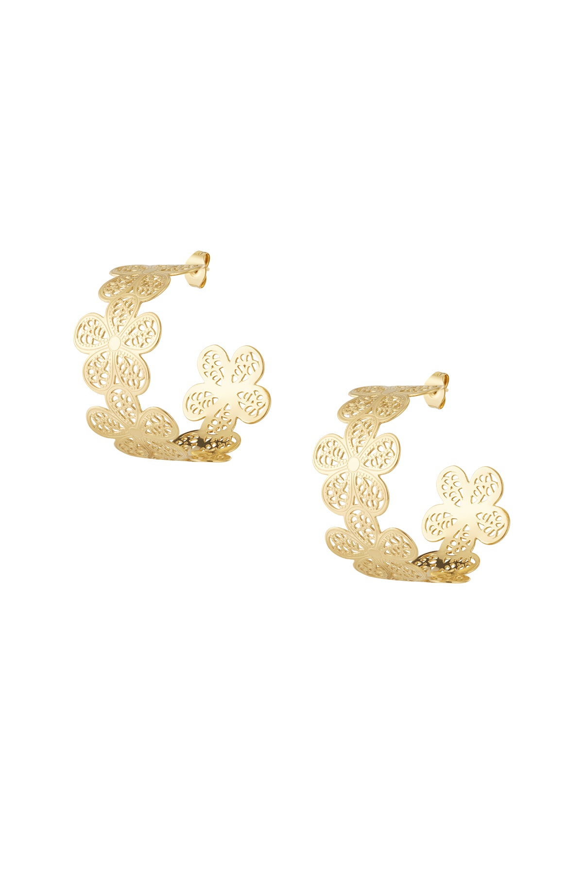 Gold-tone floral hoop earrings with openwork flower design on white background