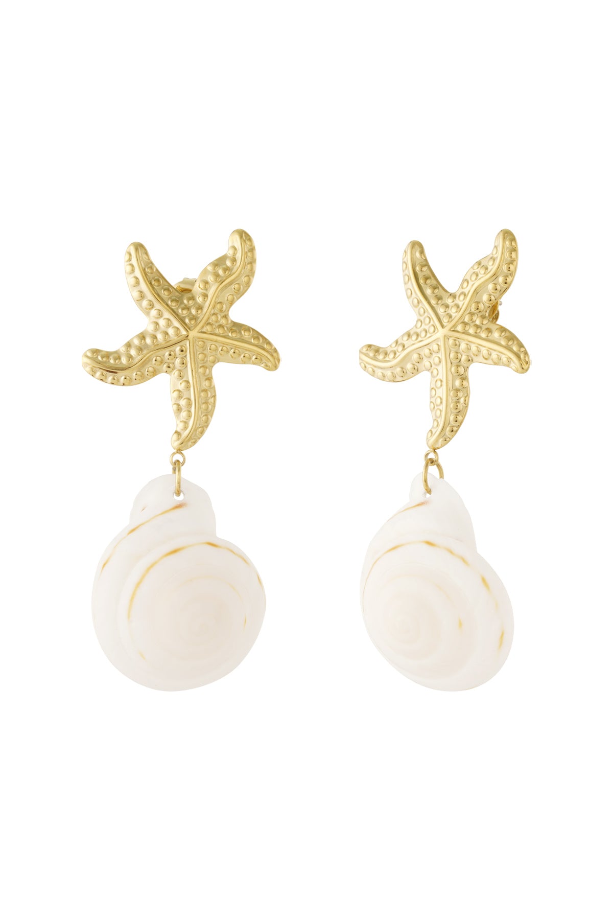 Pair of gold starfish drop earrings with dangling white spiral shells displayed against white background