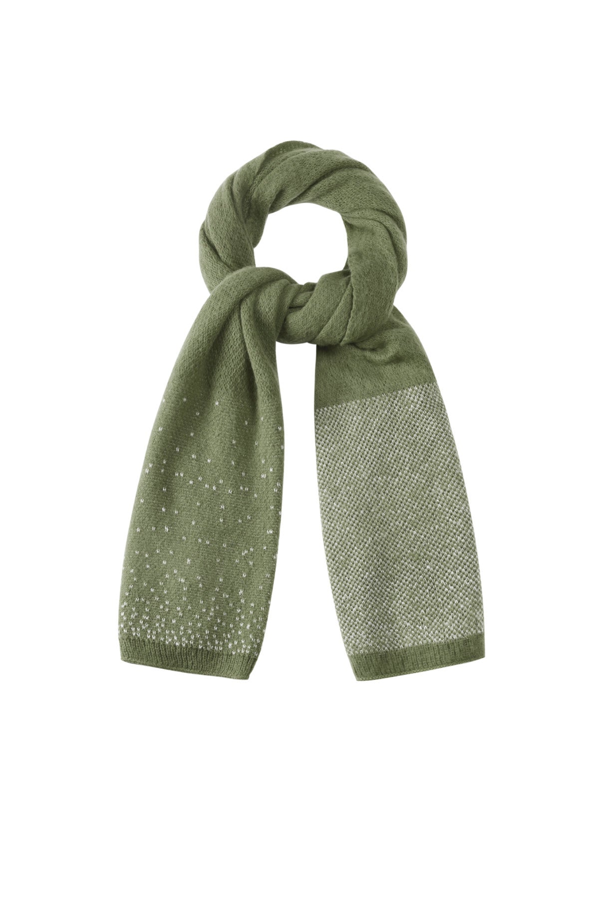 Olive green knit colorblock scarf with shimmering details, displayed looped on white background