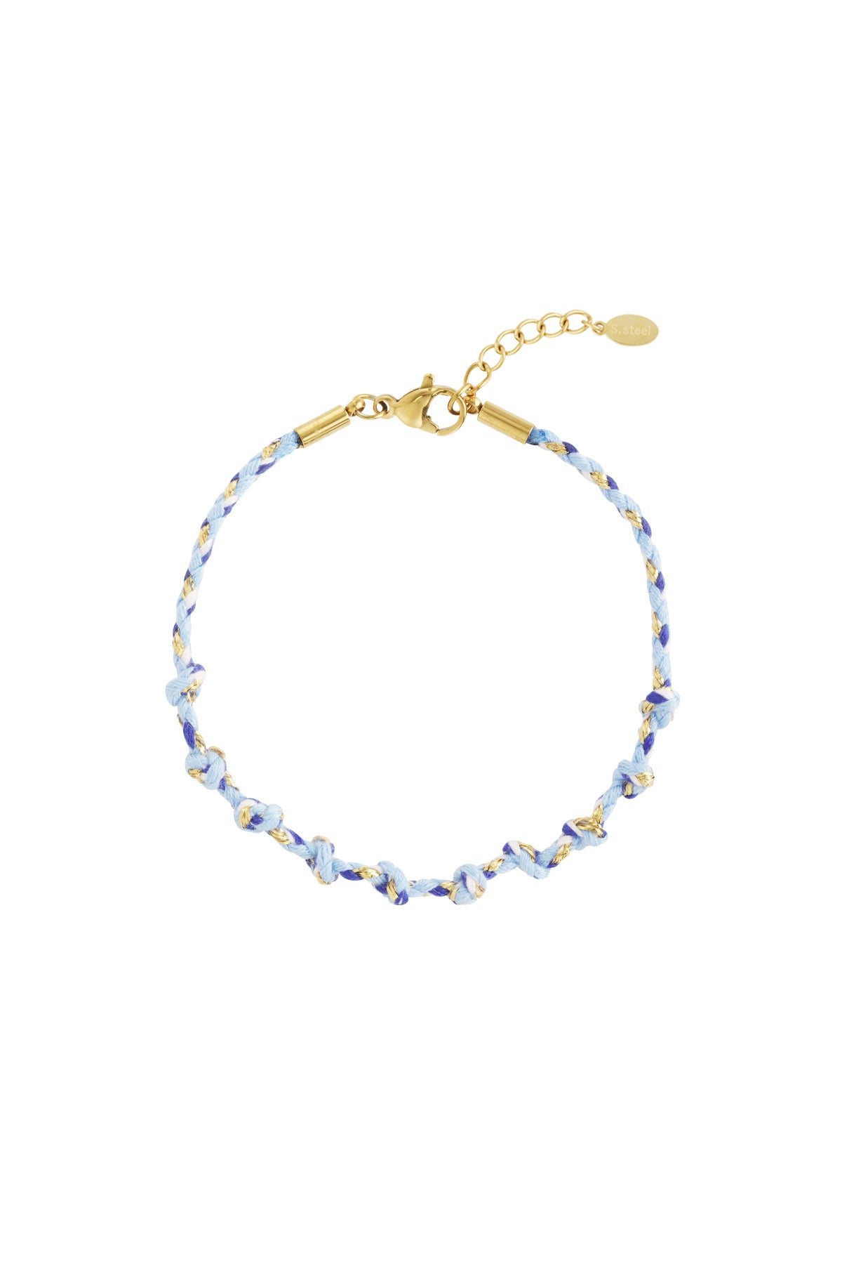 Light blue and navy blue braided cotton chain bracelet detailed with gold thread and lobster clasp on white background.