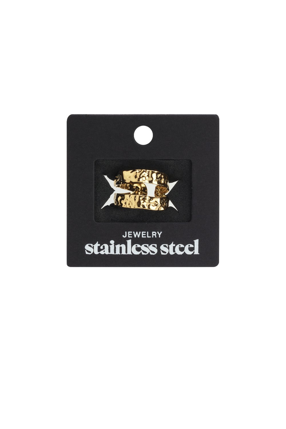 Gold double-layered wavy ring in textured stainless steel, displayed on a black product card.