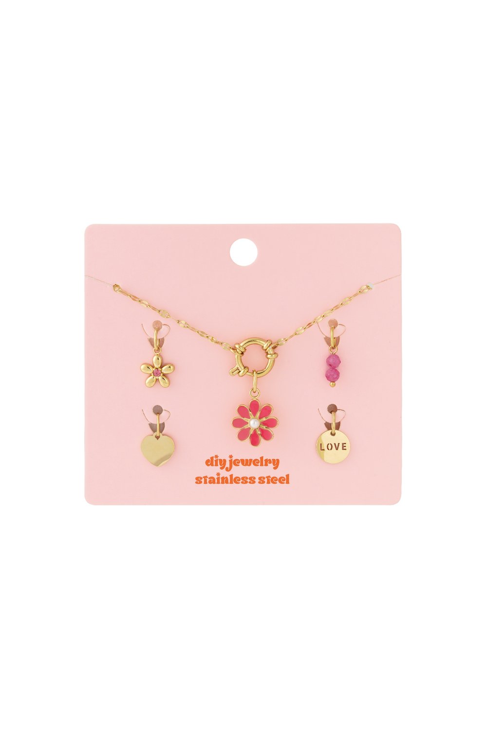 Cherry Glaze Core stainless steel DIY jewelry kit with gold-tone necklace and floral, heart, and 'LOVE' charms.