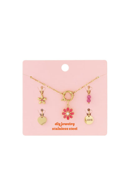 Cherry Glaze Core stainless steel DIY jewelry kit with gold-tone necklace and floral, heart, and 'LOVE' charms.