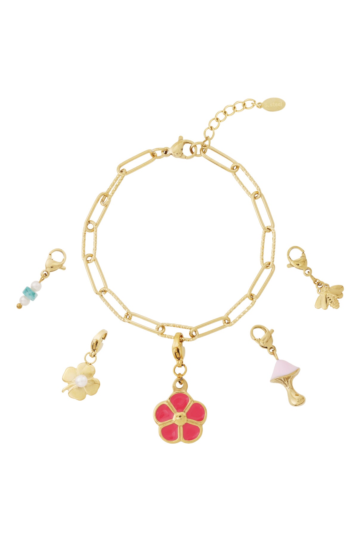 Gold chain link bracelet with five removable charms: pink flower, pearl-accented flower, bee, mushroom, and turquoise beads with pearls.