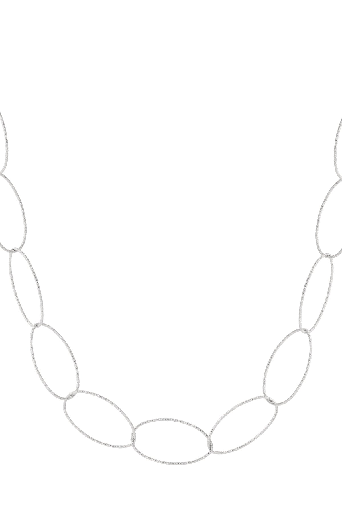 Close-up of textured silver-tone chunky oval link necklace on white background