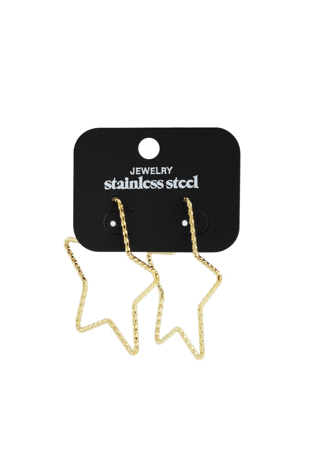 Gold-toned stainless steel hoop earrings in a textured, open star shape, displayed on a black backing card.