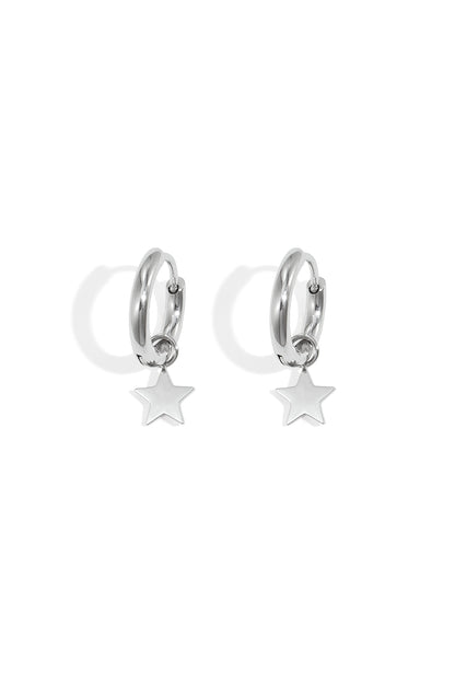 Pair of silver hoop earrings with dangling star charms on white background