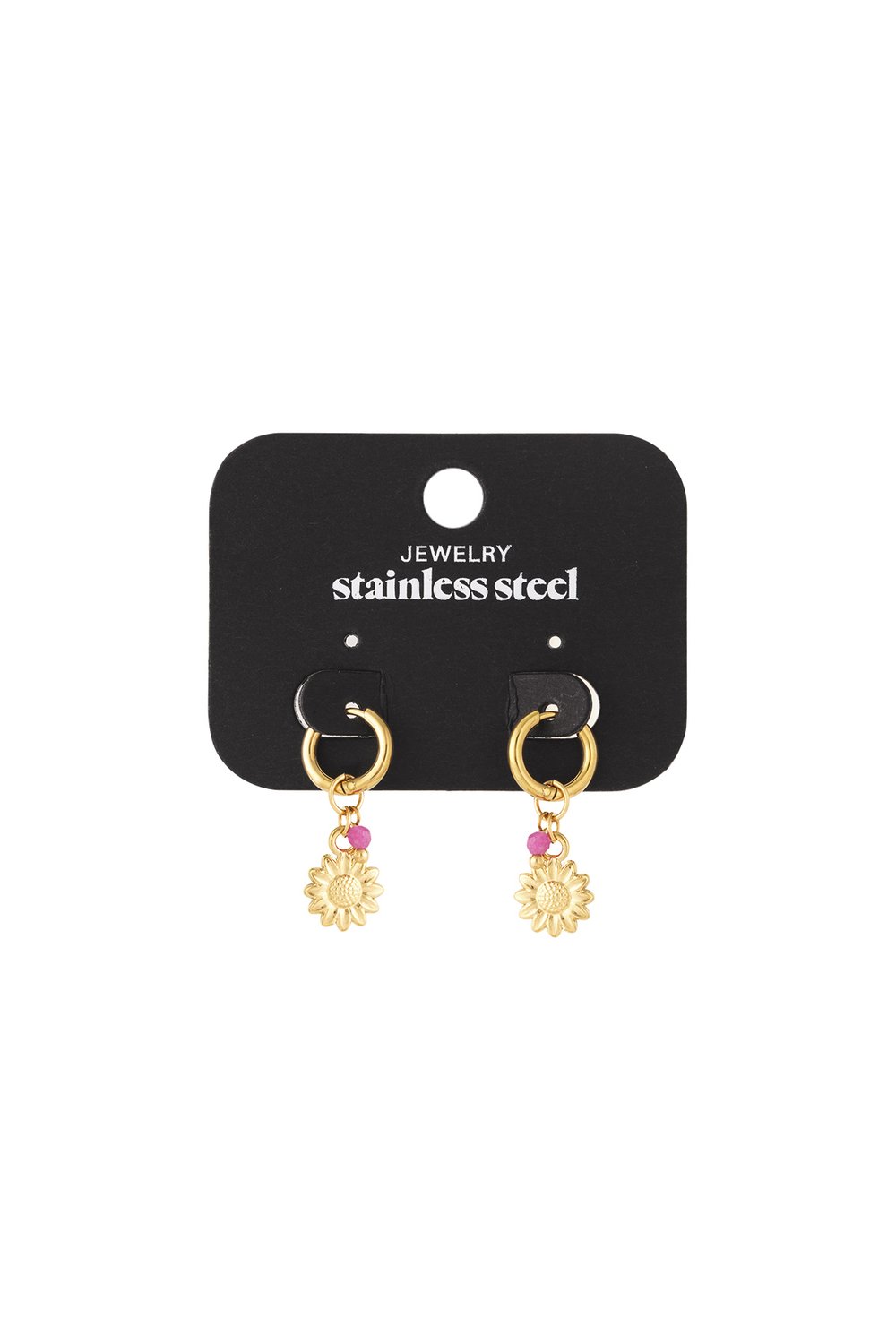 Sunny Side Drip: Gold stainless steel hoop earrings featuring a small pink bead and a hanging sunflower charm.