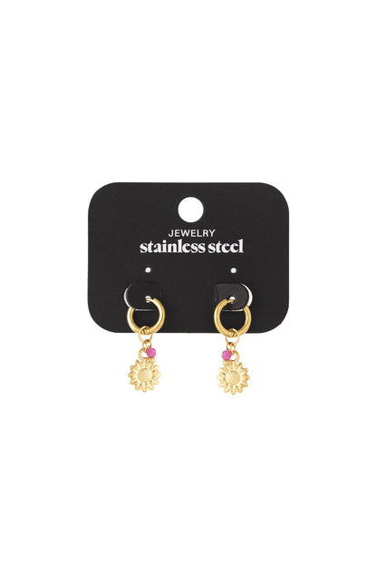 Sunny Side Drip: Gold stainless steel hoop earrings featuring a small pink bead and a hanging sunflower charm.