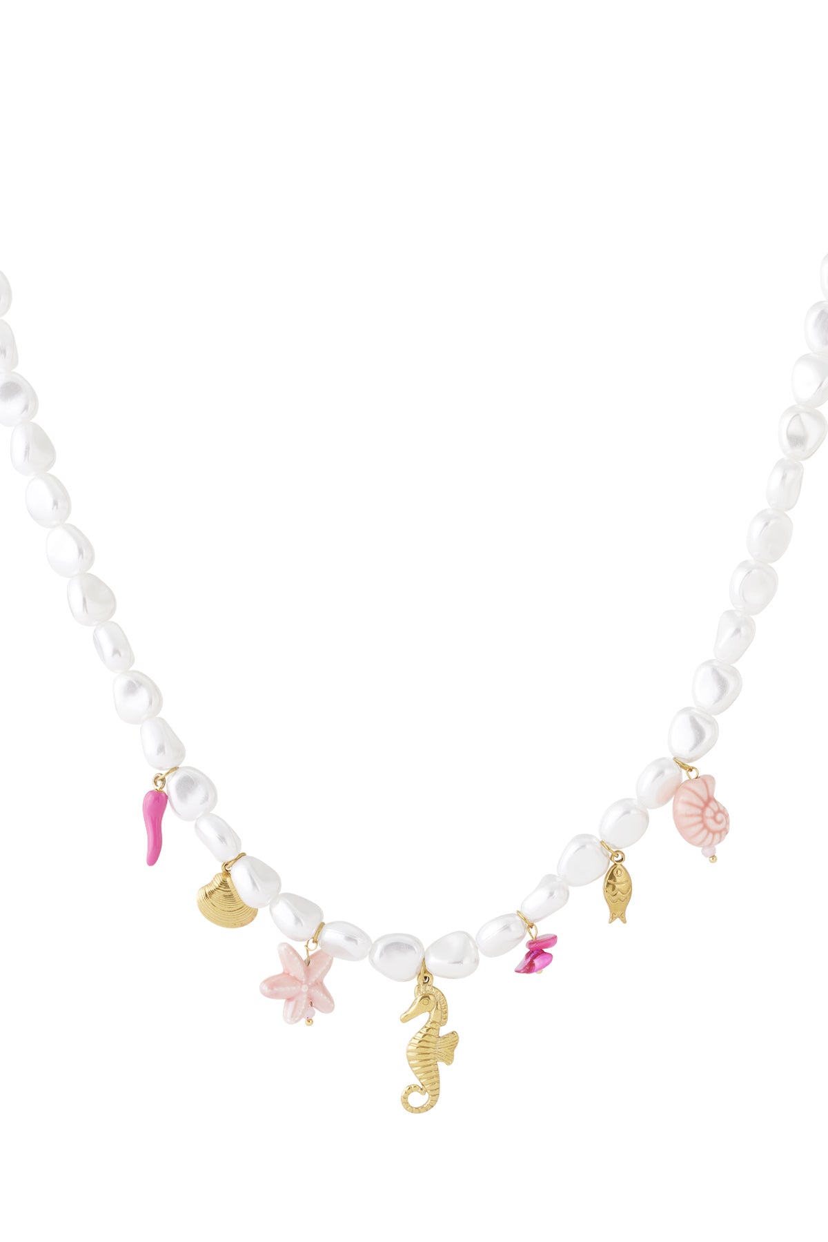 Imitation pearl beaded necklace featuring gold-tone seahorse, starfish, fish, shell, and pink coral charms on a white background