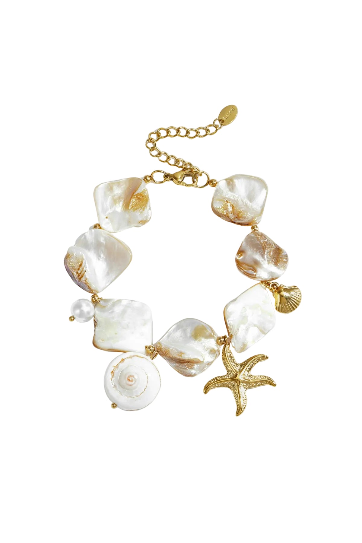 Gold-tone shell charm bracelet with mother-of-pearl beads and ocean-inspired charms on white background